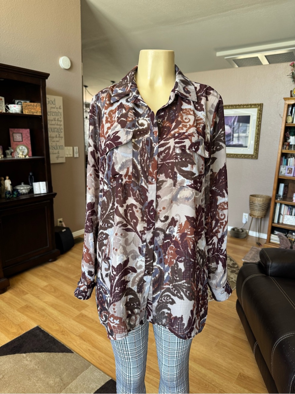 Bobeau sheer floral abstract long roll tab sleeves button up tunic-L